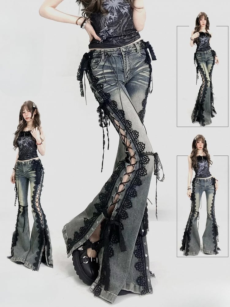 Trim Jeans Lace Blue Bittersweet Detail Flare Glamorous Side Silhouette Lace-up