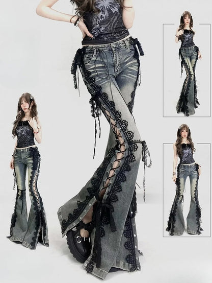 Trim Jeans Lace Blue Bittersweet Detail Flare Glamorous Side Silhouette Lace-up