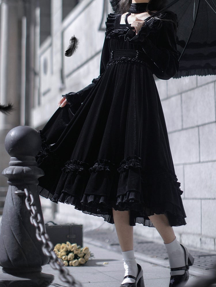 Square Dress Velvet Black Elegant Neckline