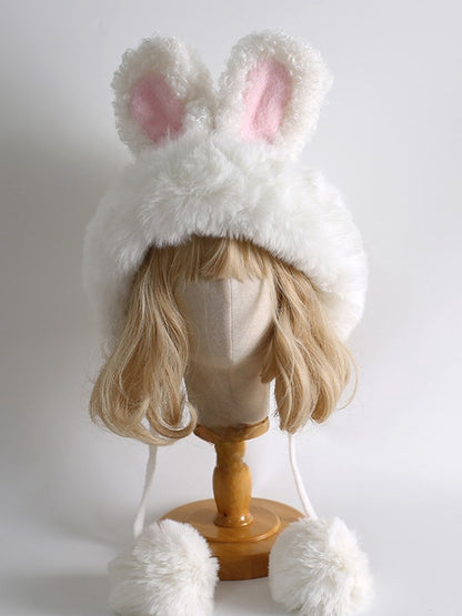 White Sweet Lolita Bunny Ears Plush Hat With Pompons