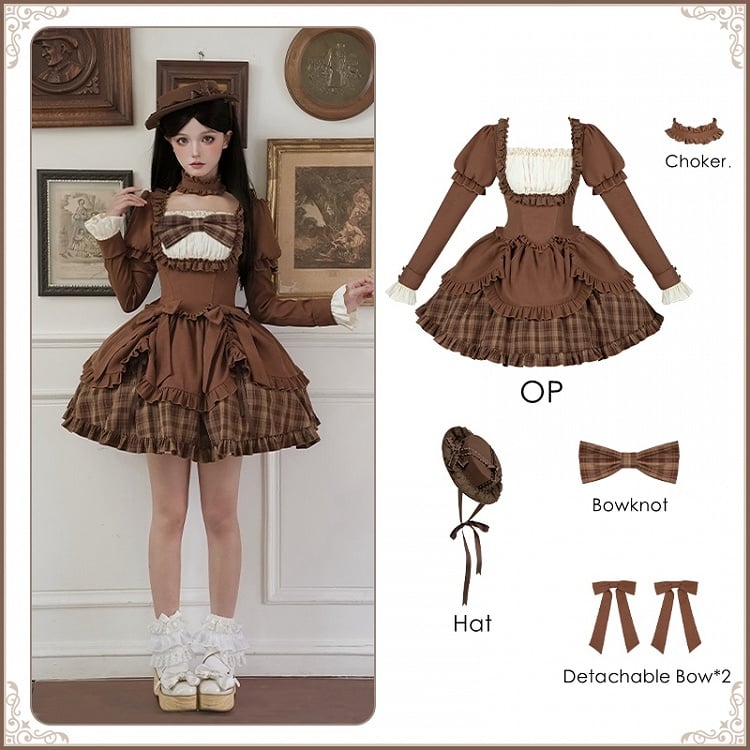 Herbsthut Schleifen + Lollita OP Elegantes Choker Set Version Kurz Kaffee Abnehmbar -