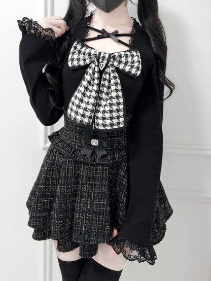 Kei Black/White with and Neckline Tweed Jirai Bow Criss-Cross Top Knit Big