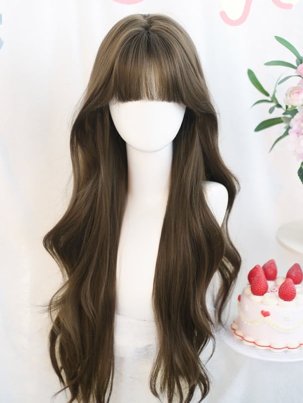Perücke mit 65–70 cm gewelltem, luftbraunem, langem Pony