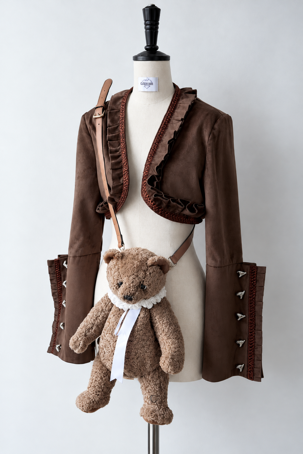 Steampunk Brown x Gothic Black Velvet Ruffle Heart Motif Cuff Cropped Jacket