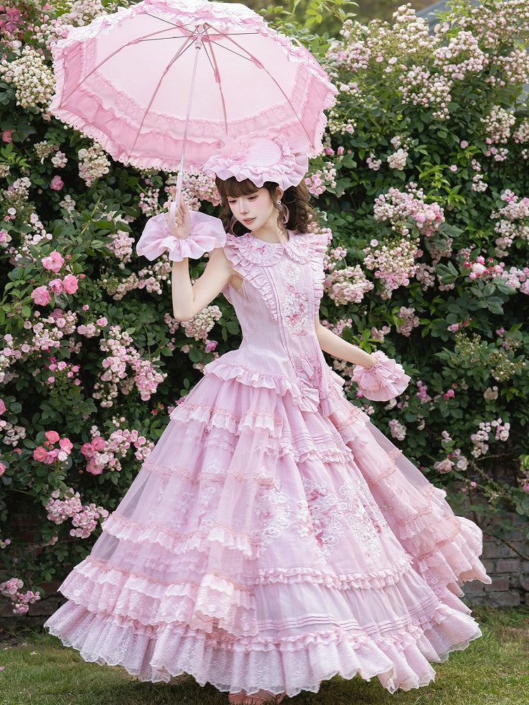 Pink Flutter Sleeves Lolita Top + Floral Embroidery Ruffled Skirt + Sheer Overlay + Hat Set - Misty Isle Letter