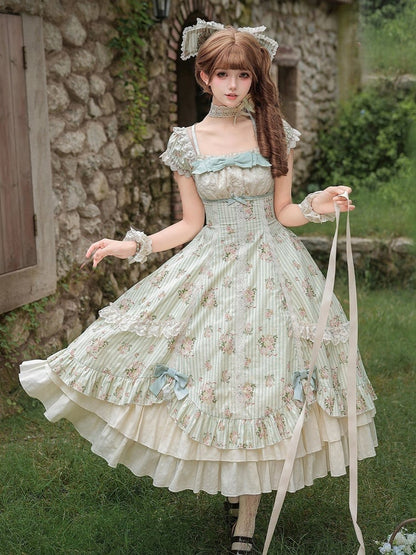 Floral Print Square Neck Dress with Bow Accents - With PUJI