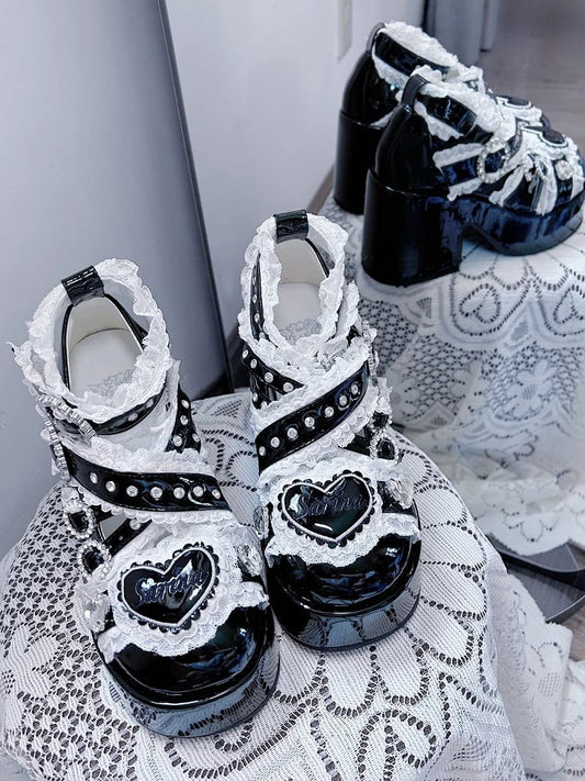 Jirai Buckle with Rhinestone Block Toe and Lace High Heel Embellished Black Straps Shoes: Round Cross Platform Kei