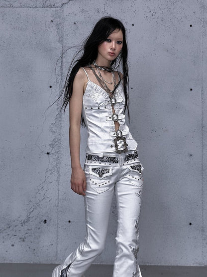 White Rock Studded with Straps Cami Accents Buckle Punk Top