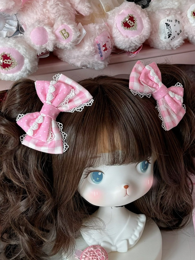 Pattern Hairclip Pink And Plaid Details Heart Polka-dot Bowknot
