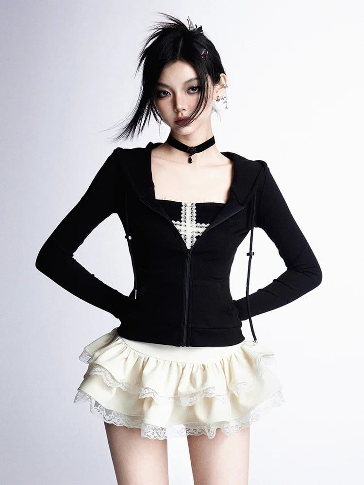 ティアードスカート ストラップレス レース ミニトリムトップ/アプリコットホワイトレースクロスデザイン ブラックカーブヘム グラマラス