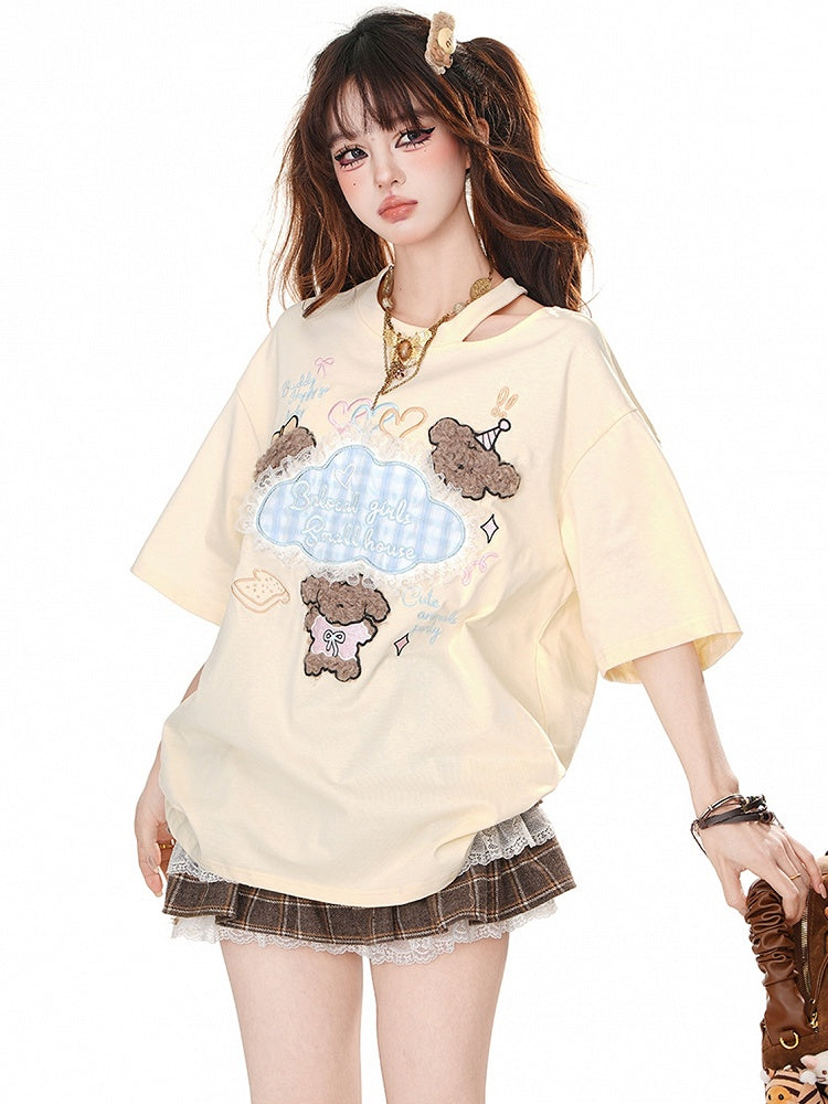 Blue/Apricot Cute Puppy Appliques Cutout Detail Summer T-shirt
