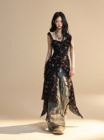 ブラック スウィートハートネックライン ノースリーブ トップス アシンメトリーヘム シフォン フローラル