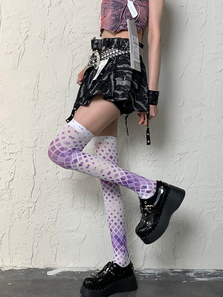 Overknee Strümpfe WeißLila Y2K Muster Raute