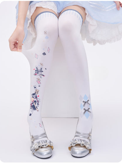 不思議の国のアリス バイブス ポーカープリント ホワイト オーバーニーストッキング