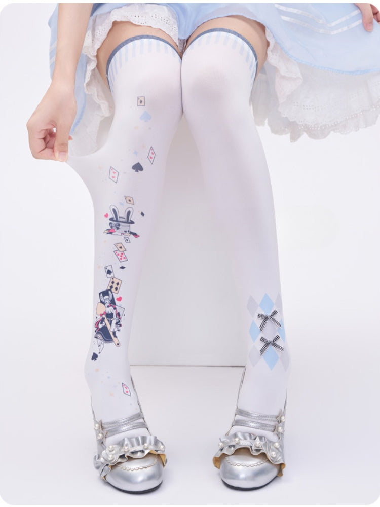 Alice in Wonderland Vibes Poker Print White Over Knee Stockings