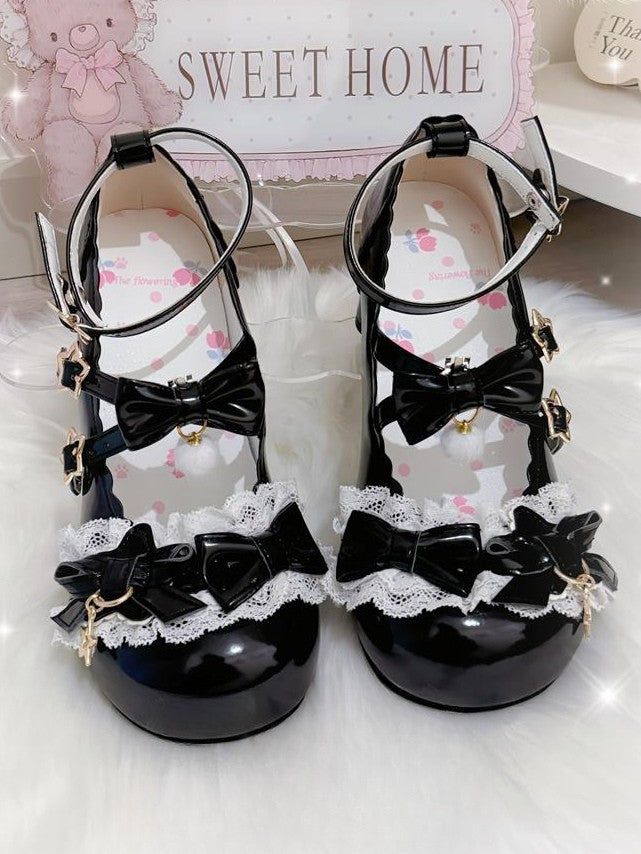 Black Edging Leather Mary Lace Janes PU in Mid-heel with