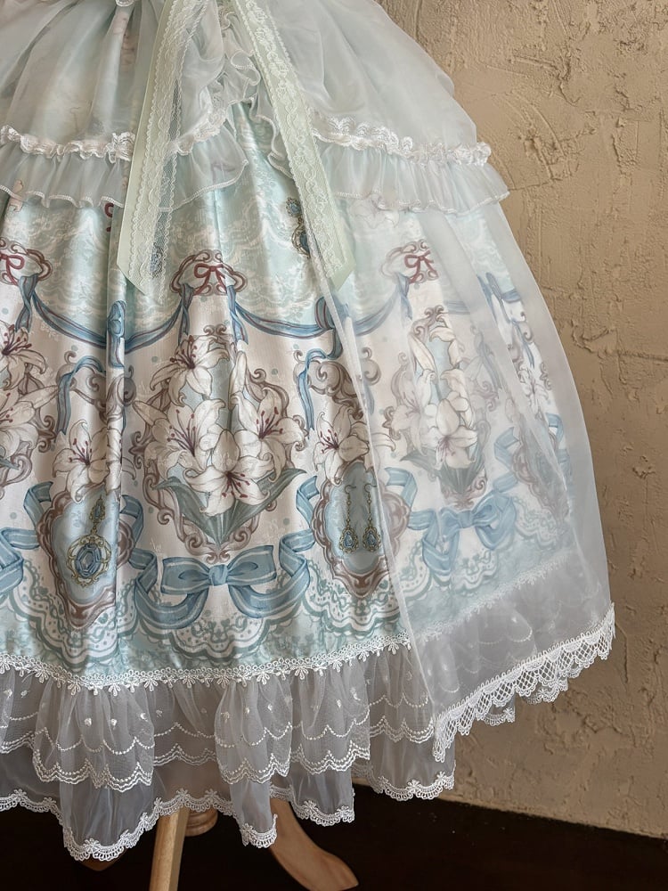 Mint Green Lily Print Lolita JSK Gown with Tulle Overlay and Back Bow Set - White Sugar Girl