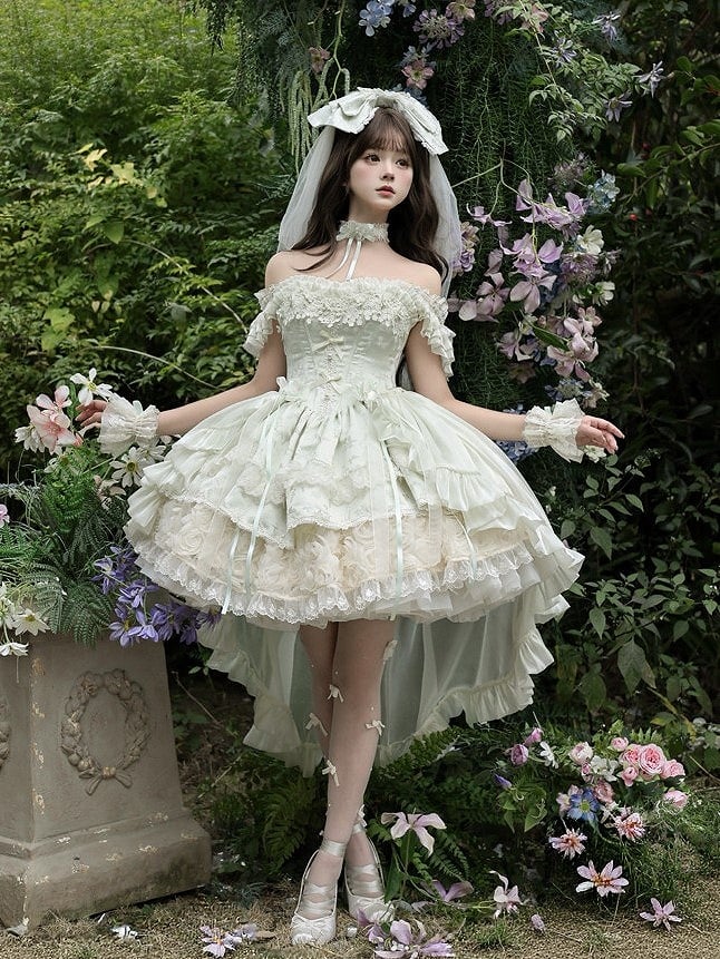 Flower with Lolita Jacquard Green Accents Layered Dress Lace Blooming Hime Mint Basque Waist Fluffy