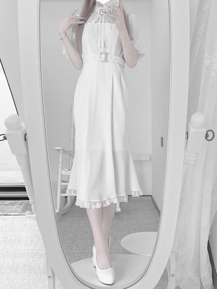 Sleeves Illusion White Mermaid Cape Neckline Style Jirai with Short Kei Pure in Dress