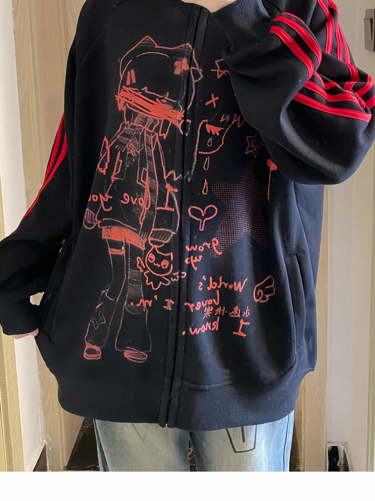 with Jacket Cartoon Red Graphics Black Striped Regular/Thicken