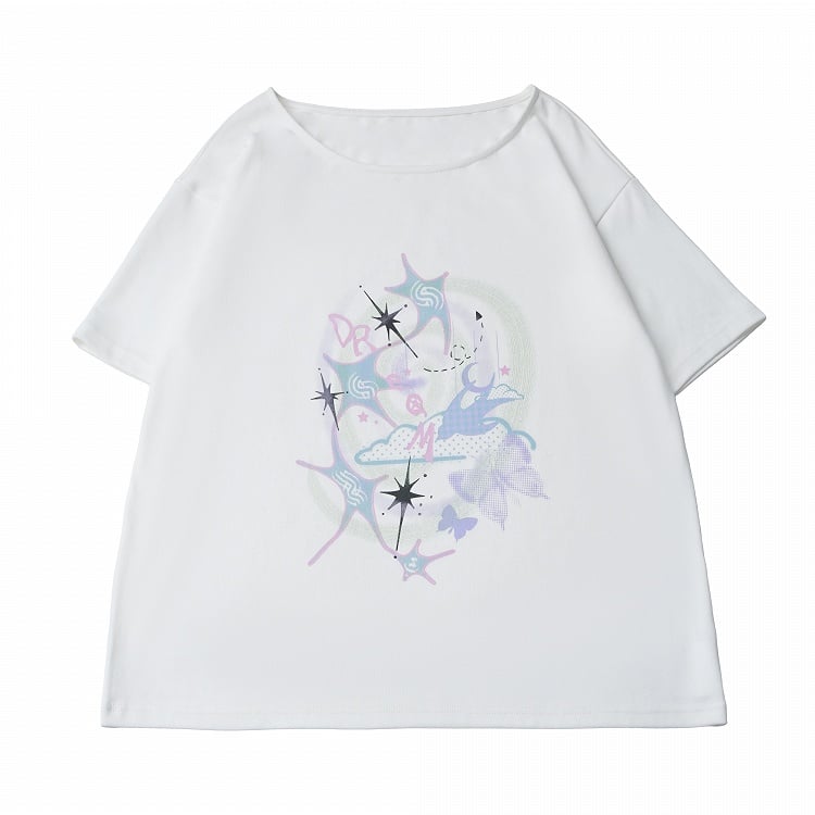 White Wide Round Neck Short Sleeve T-Shirt with Nebula Print - PINK SAVIOR
