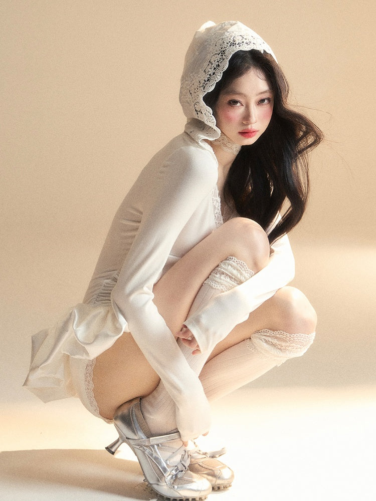 Floral Accents	Lace Skirt Mini Bubble Trim White V-Neck Dress Hooded Glamorous