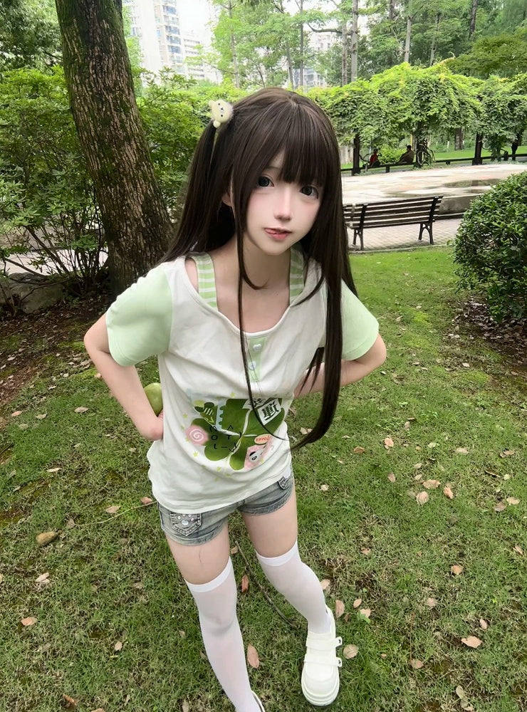 Print with Clover Wide White Sweet Colorblock Green T-shirt and Lucky Neckline