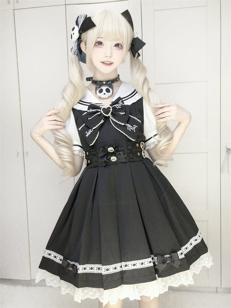 Heart Pink Sailor Collar Jirai Kei Dress Black/Light Back Bow with Self-tie Buckles