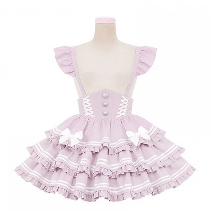 Accents Tiered Skirt Sweet Pink Overalls Flutter Sleeves Bow Lolita Dress Light