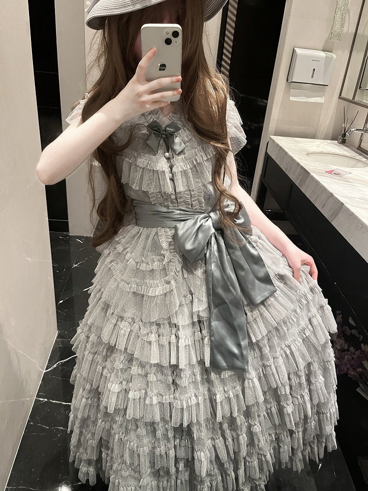 Elegant Waist + Cotton Skirt Tulle Lolita Vest Set Multi-layered Mesh Classic Gray Belt Dotted -