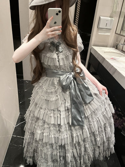 Elegant Waist + Cotton Skirt Tulle Lolita Vest Set Multi-layered Mesh Classic Gray Belt Dotted -