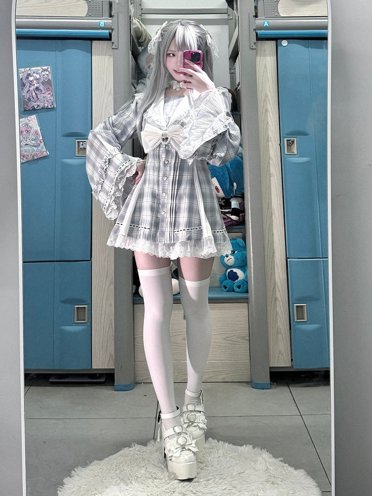 Sleeves Matching Landmine Two-Piece - Top Sailor Bow Shorts Blue + Gray Collar Set Style Bell