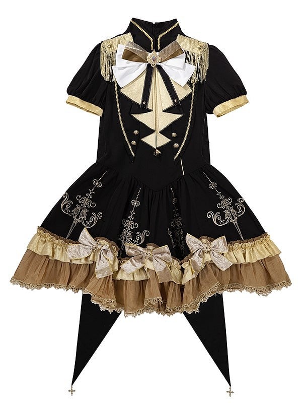 Cape Stand Dress Set Golden Lace Trim Lolita Collar Black Fringe + Gold
