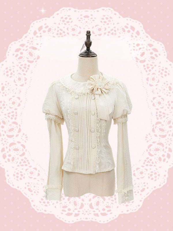Beige Lolita Blouse with Removable Sleeves and Floral Bow - U.Rtto