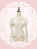 Beige Lolita Blouse with Removable Sleeves and Floral Bow - U.Rtto