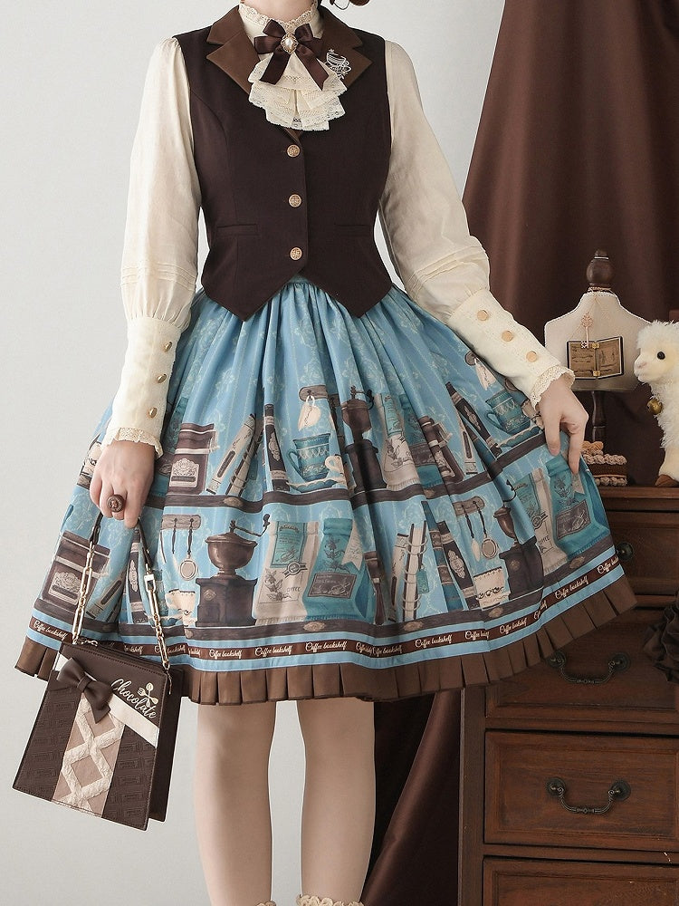 Blue Brown Coffee Cup Bookshelf Print Elegant Skirt Ruffled Hem - Dream Whale