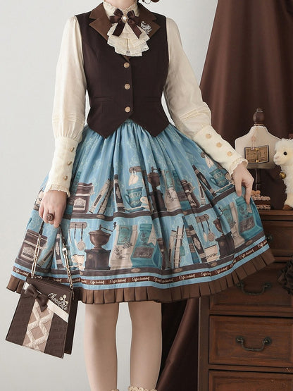Blue Brown Coffee Cup Bookshelf Print Elegant Skirt Ruffled Hem - Dream Whale