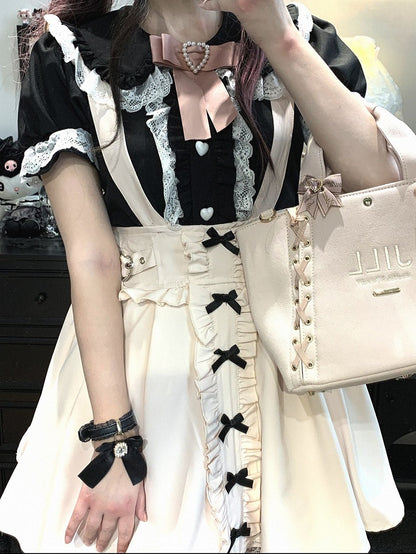 Lace Blue/White/Pink/Black Kei Trim Jirai Details Shorts Dress With Overall Bowknot