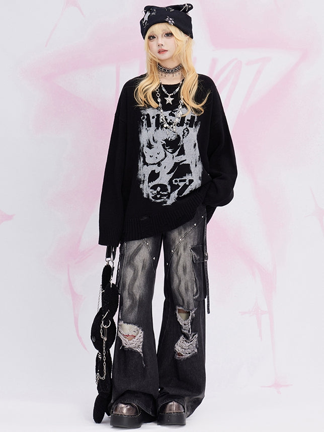 Lockerer Pullover mit schwarzem Katzenmuster und Distressed-Besatz