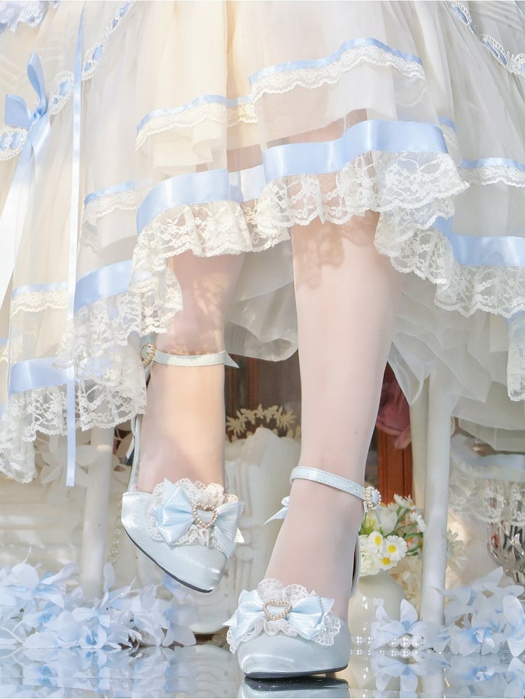 Light Blue Ballet Pointed Toe Shoes with Lace Bow - Witch's Night