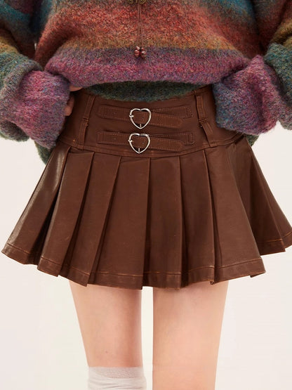 Buckles Fashion Brown Millard Autumn Pleated PU Heart-Shaped with for Mini Skirt