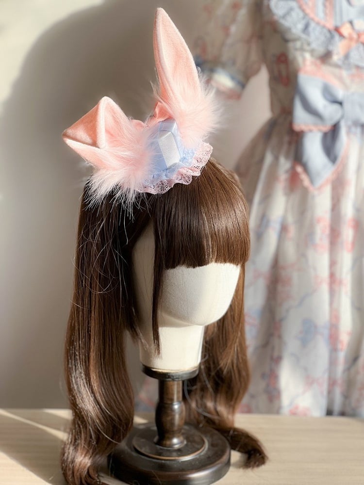 Blue Sweet Lolita Bunny Ear Lace-Trimmed Mini Hat Pink