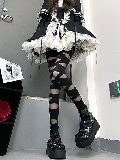 Tights Strap Cross Y2K Style Black/White Design