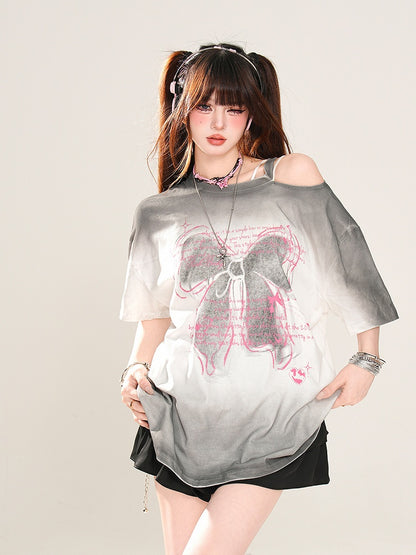 Butterfly Rose Pink/Pink/Grau Lockeres Schulter-T-Shirt Print Ombre Cutout