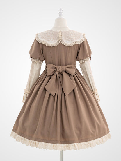 Sweet Dresswith Coffee Teddy Lolita Puff Embroidered Bear Neckline Sleeves Trim Lace