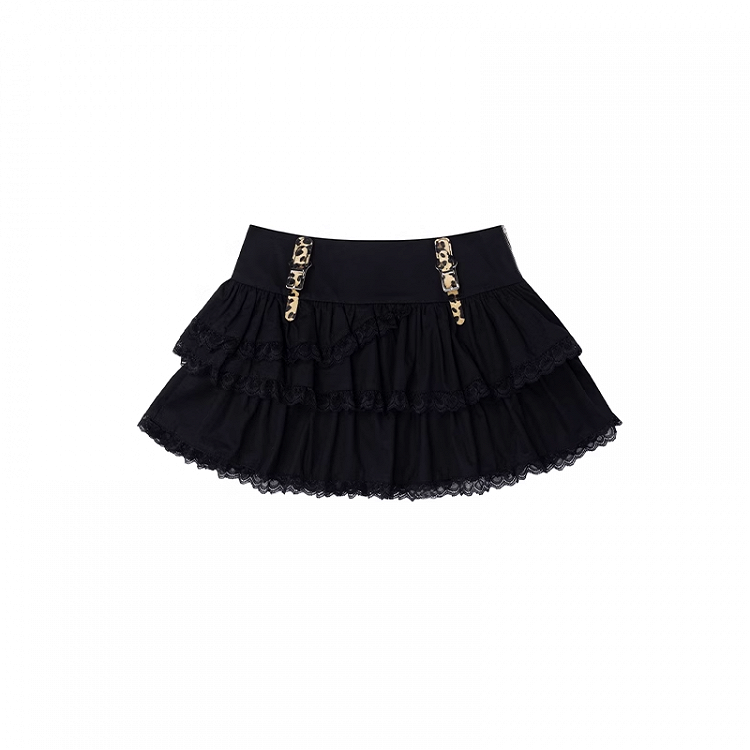 Leopard Pattern Buckle Straps Black Lace Trim Tiered Skirt