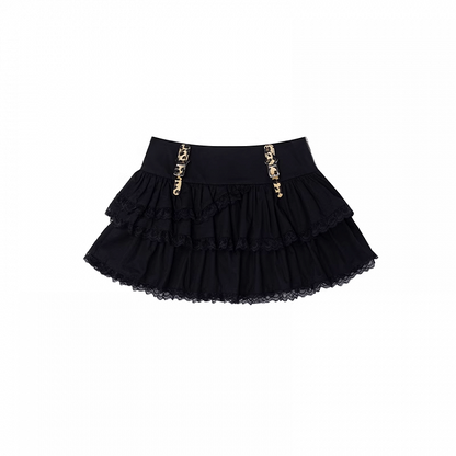 Leopard Pattern Buckle Straps Black Lace Trim Tiered Skirt