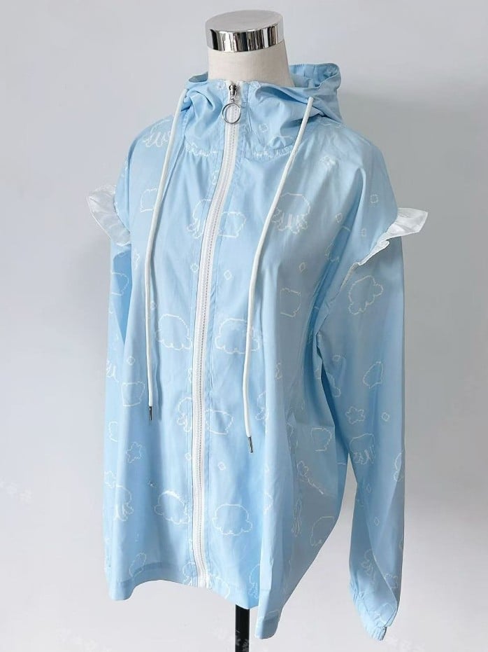 Schutzleichte Rüschen Tenshi Sun Kaiwai Kapuzenbesatz Druck Quallenblaue Jacke