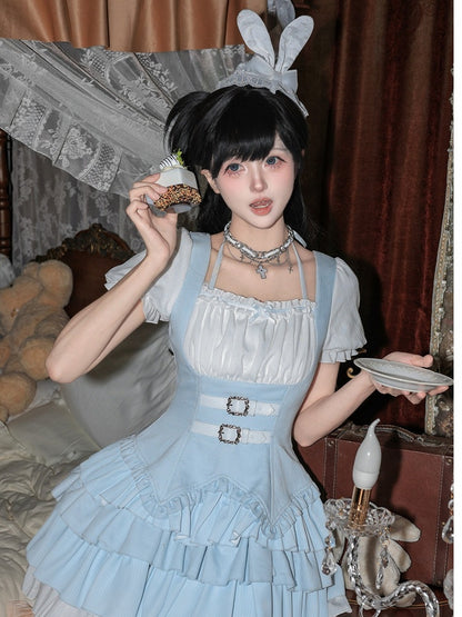 Blue & White Striped OP Dress Set with Necklace and Rabbit Hat - With PUJI