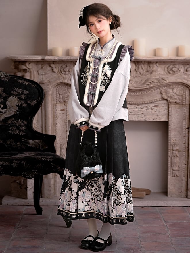 Black and Purple Moon Rabbit Cheongsam Style Vest